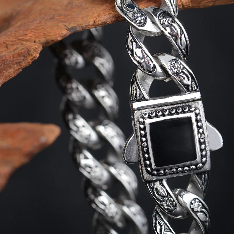 Retro 10 Inches Rose Line Man Bracelet Men Black Onyx Inset Stainless Steel Men's Bracelets Curb Chain Mannen Armband