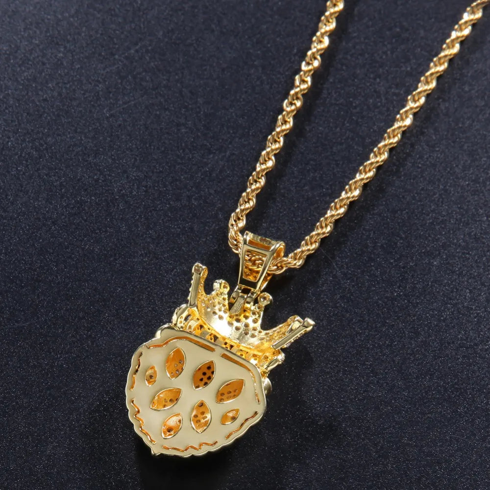 Hip Hop CZ Zircon Paved Bling Iced Out Crown Lion Animal Pendants Necklace for Men Rapper Jewelry Gold Color Drop