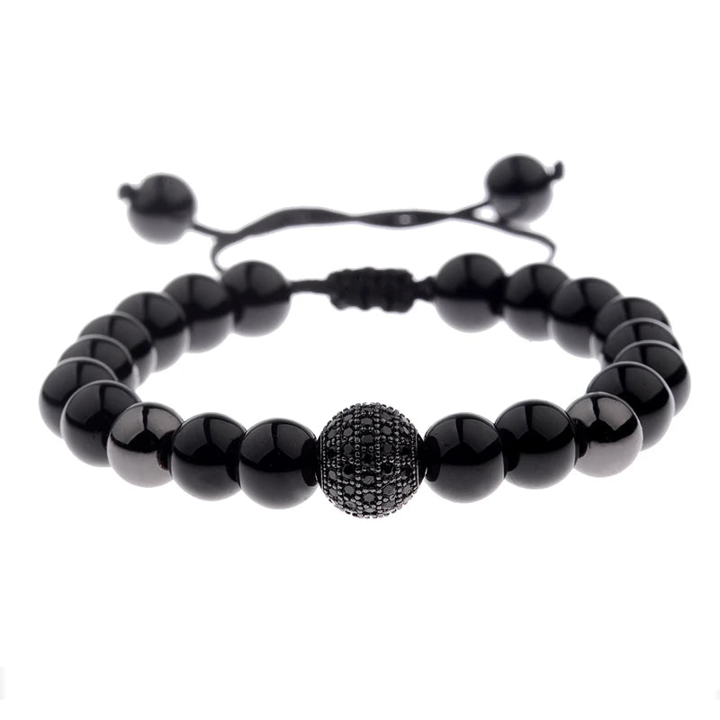 Black CZ Pave Ball Beaded Bracelet for Men — Adjustable Weave