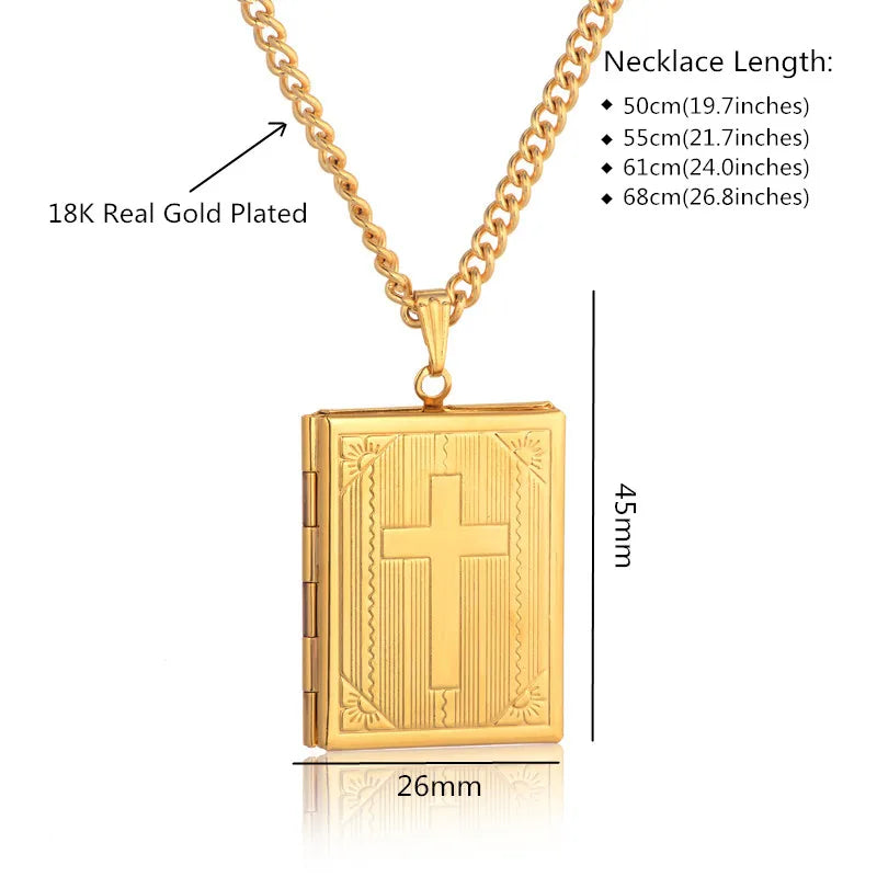 Jesus Cross Necklace Jewelry For Men Women Gold-Color Steel Chain Male Photo Locket Style Jesus Crucifix Pendant