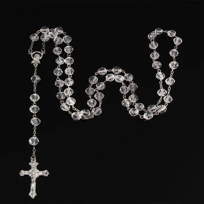 8mm fashion rosary ladies necklace high quality diy Jesus Christian cross necklace and pendant long chain jewelry