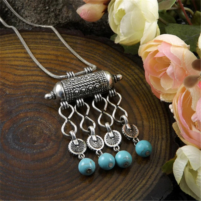 Womens Gypsy Jewelry Bohemian Ethnic Red Natural Stone Pendants Necklaces Metal Tibetan Sliver Color Chain Necklace For
