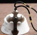 Drop Shipping Natural Black Obsidian Carved Cross Lucky Pendant + Beads Necklace for Woman Man Crystal Jade Charm Gift Jewelry