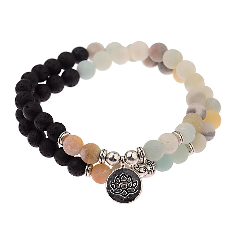 Buddha Head Beaded Bracelet — Black Stone Beads, Bronze-Tone