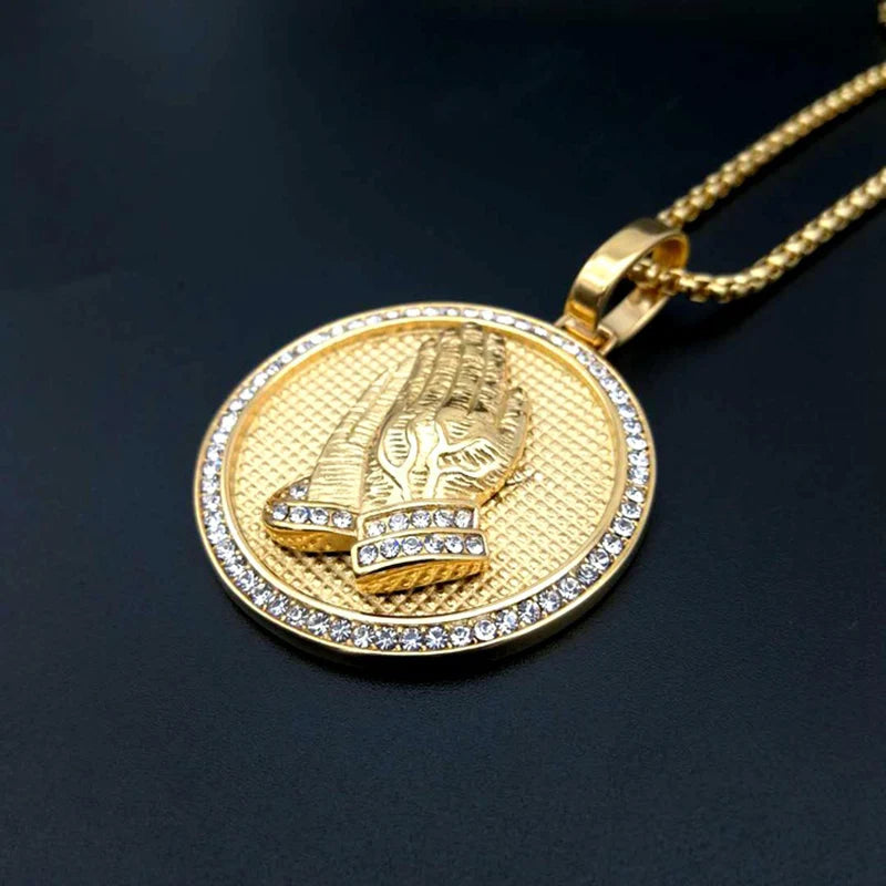 Micro Paved AAA CZ Stone Bling Praying Hand Round Pendant Necklace Gold Color 316L Stainless Steel Men Hip Hop Rock Jewelry