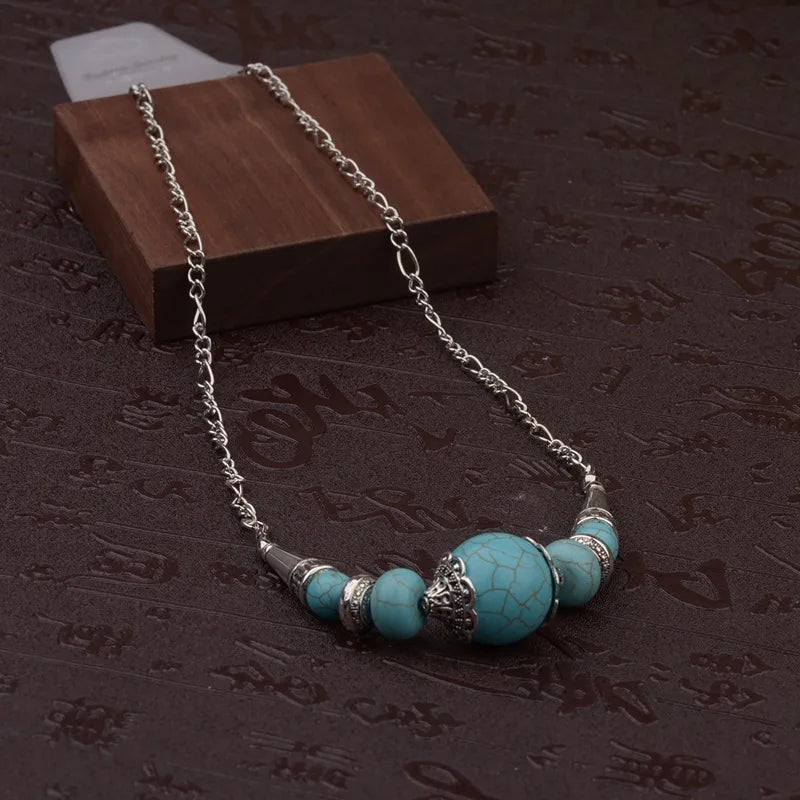 Womens Gypsy Jewelry Bohemian Ethnic Red Natural Stone Pendants Necklaces Metal Tibetan Sliver Color Chain Necklace For