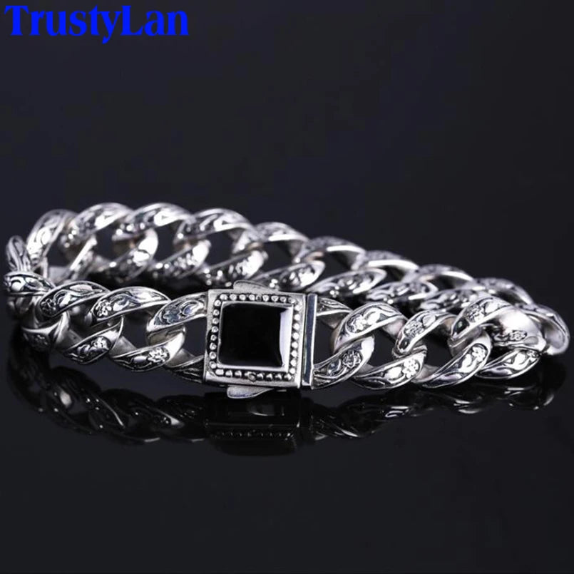 Retro 10 Inches Rose Line Man Bracelet Men Black Onyx Inset Stainless Steel Men's Bracelets Curb Chain Mannen Armband