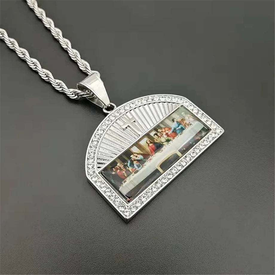 Religious The Last Supper Pendant Necklace For Men Stainless Steel Gold Color Iced Out Bling Cross Necklace Male Jewelry