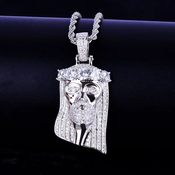 Bubble Letter Iced Religious Jesus Head Pendant Necklace Gold Color Bling Cubic Zircon Men's Hip Hop Jewelry For Gift