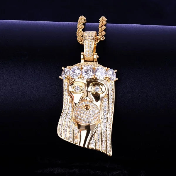 Bubble Letter Iced Religious Jesus Head Pendant Necklace Gold Color Bling Cubic Zircon Men's Hip Hop Jewelry For Gift