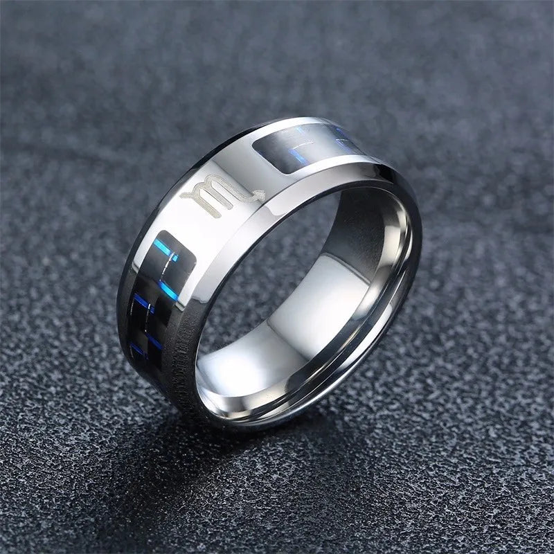 Twelve Constellations Rings for Men Women 8mm Stainless Steel Anel Male Classic Carbon Fiber 12 Horoscope Ring