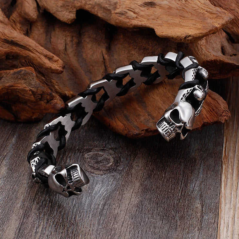 Punk Rock Skull Wolf Dragon Head Shaped Open Bangle For Men Stainless Steel & Genuine Leather Cuff Bracelets Bikers'