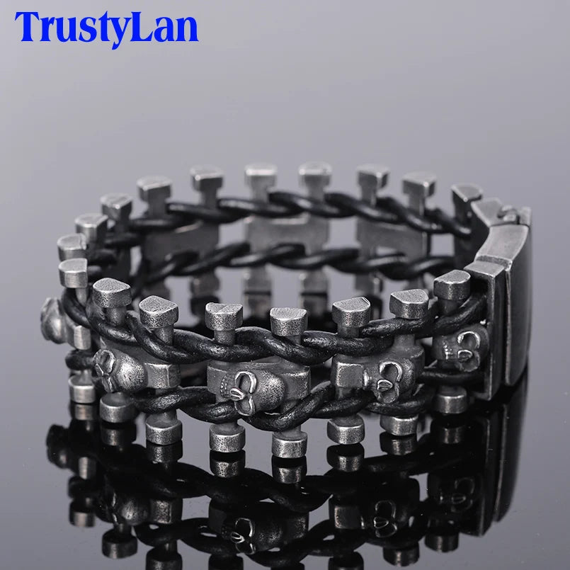 Steampunk Stainless Steel Skull Man Bracelet Hand Bands For Men Punk Rock Men's Leather Bracelets Gothic Mannen Armband