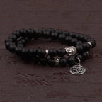 Buddha Head Beaded Bracelet — Black Stone Beads, Bronze-Tone