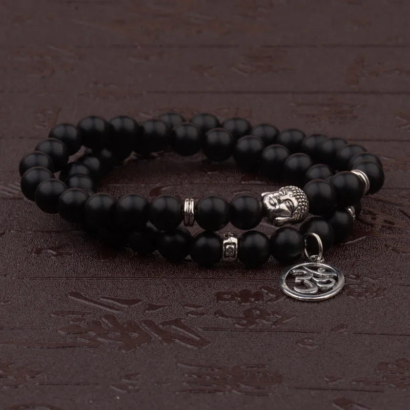 Buddha Head Beaded Bracelet — Black Stone Beads, Bronze-Tone