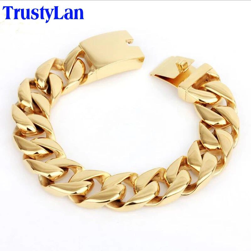 Gold Color Bracelet Men Luxury On Hand Male Jewelry 17MM Wide Stainless Steel Cuban Chain Men's Bracelets Best Friends