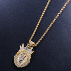 Hip Hop CZ Zircon Paved Bling Iced Out Crown Lion Animal Pendants Necklace for Men Rapper Jewelry Gold Color Drop