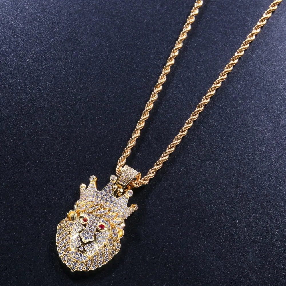 Hip Hop CZ Zircon Paved Bling Iced Out Crown Lion Animal Pendants Necklace for Men Rapper Jewelry Gold Color Drop