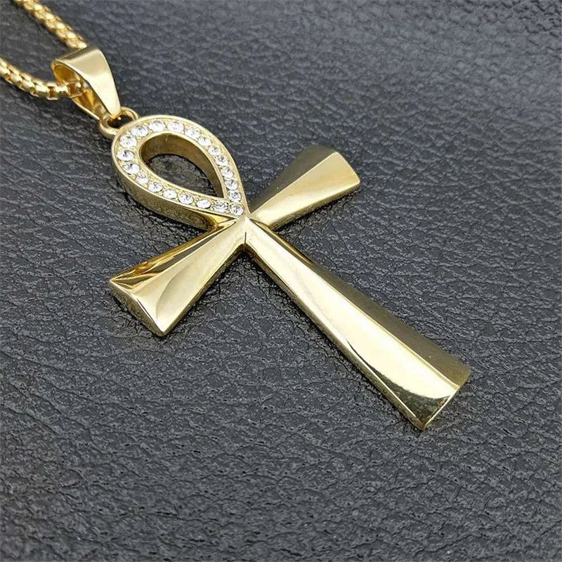 Egypt Iced Out Bling Ankh Cross Pendant Necklace For Women And Men Key of Life Stainless Steel Egyptian Jewelry