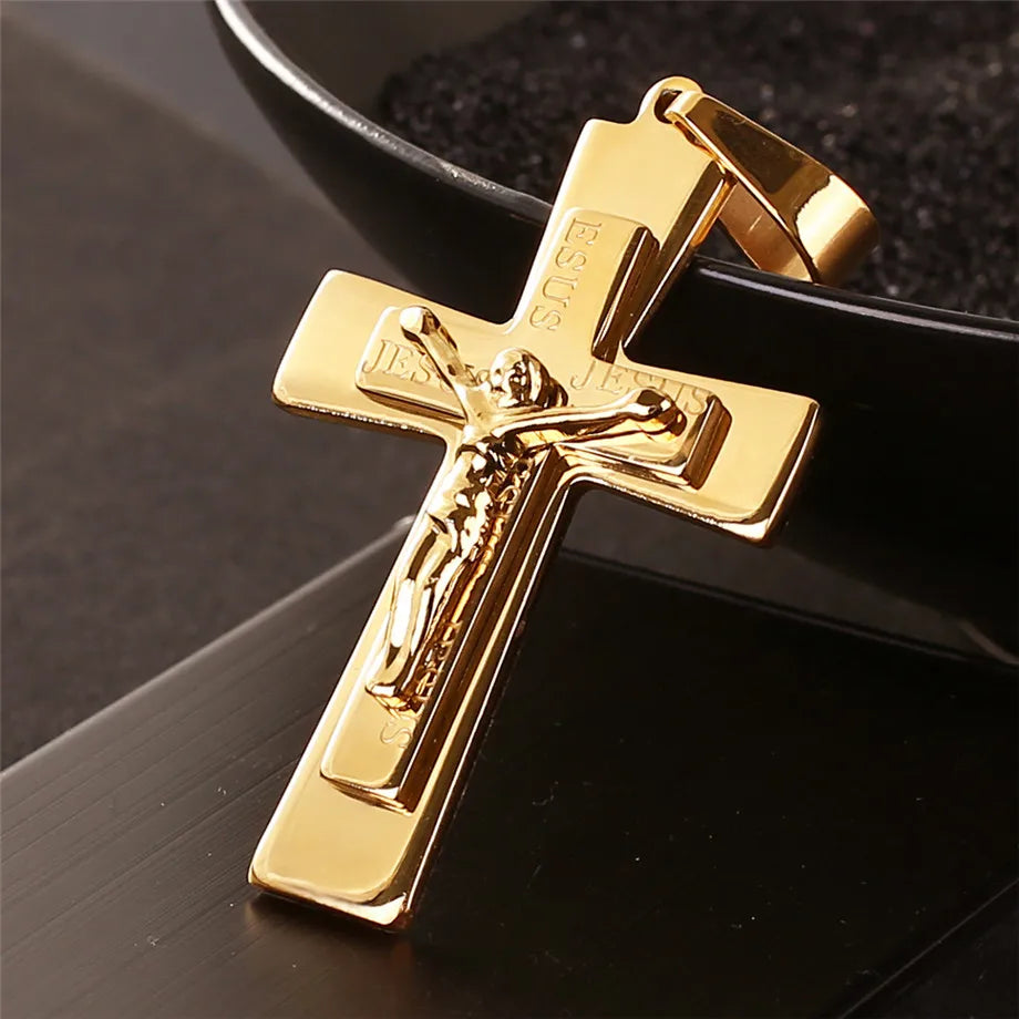 Men's Necklace Big Jesus Cross Pendant & Chain Men Gold Color Stainless Steel Christian Crucifix Necklace Male Religious Jewelry