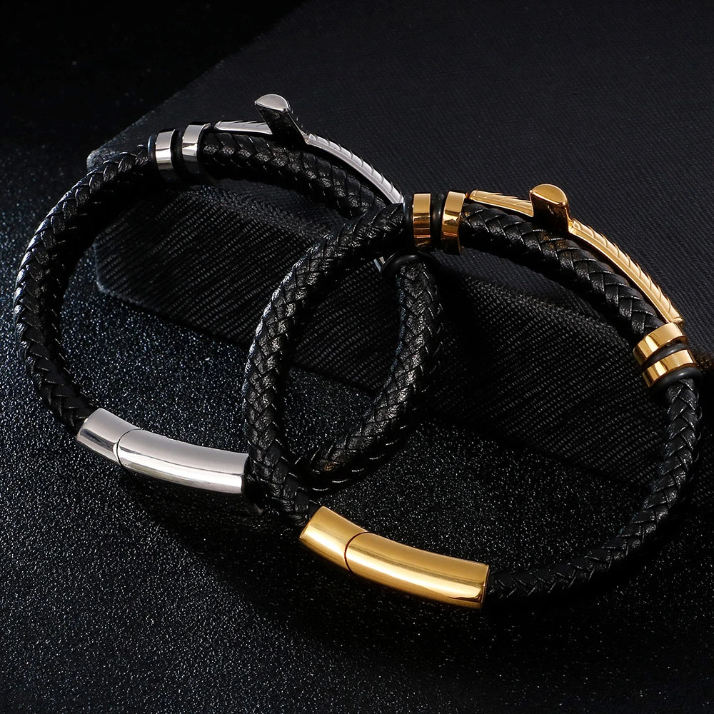 Braided Leather Wrap Bracelet For Man Gold Color Stainless Steel Christian Cross Bracelets & Bangles Men's Religious