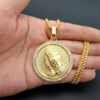 Micro Paved AAA CZ Stone Bling Praying Hand Round Pendant Necklace Gold Color 316L Stainless Steel Men Hip Hop Rock Jewelry
