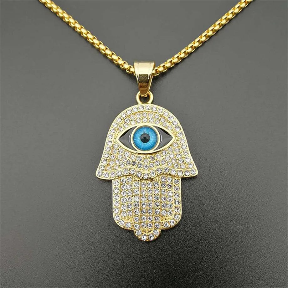 Turkish Evil Eye Hamsa Hand of Fatima Pendant Necklace Gold Color Stainless Steel Iced Out Chain Hip Hop Women/Men