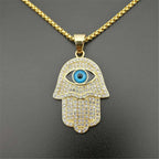 Turkish Evil Eye Hamsa Hand of Fatima Pendant Necklace Gold Color Stainless Steel Iced Out Chain Hip Hop Women/Men