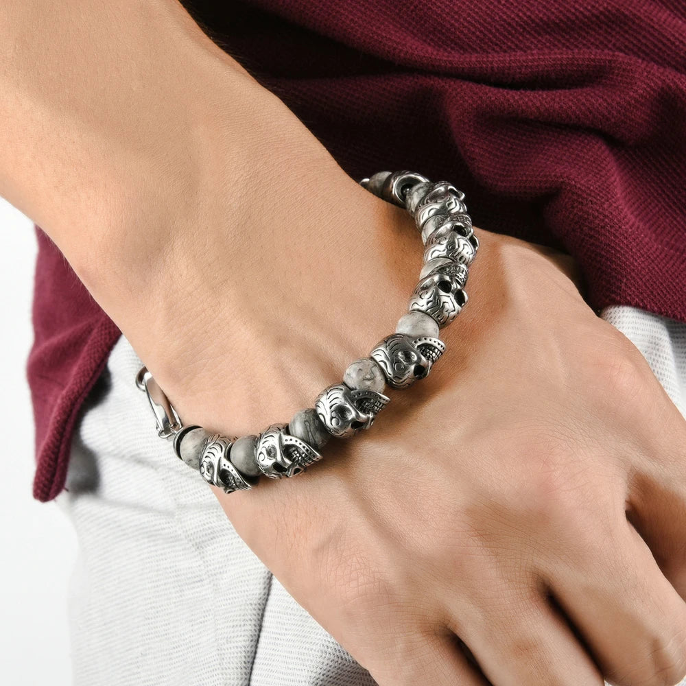 Gothic Stainless Steel Ghost Skull Heads Beads Bracelet for Men 8MM Natural Stone Men‘s Beaded Bracelets Rock Skeleton