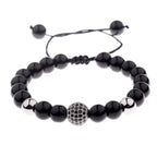Black CZ Pave Ball Beaded Bracelet for Men — Adjustable Weave