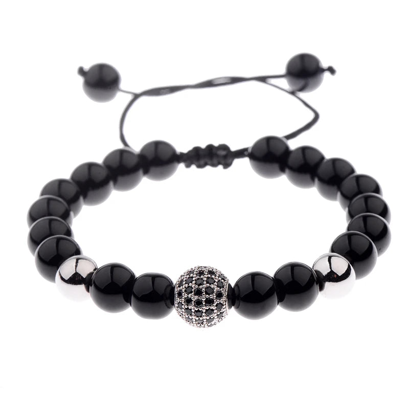 Black CZ Pave Ball Beaded Bracelet for Men — Adjustable Weave
