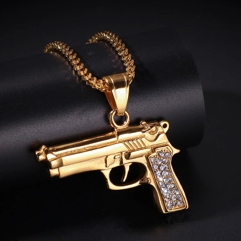 Iced Out Desert Eagle Pistol Pendant Necklace — Stainless Steel