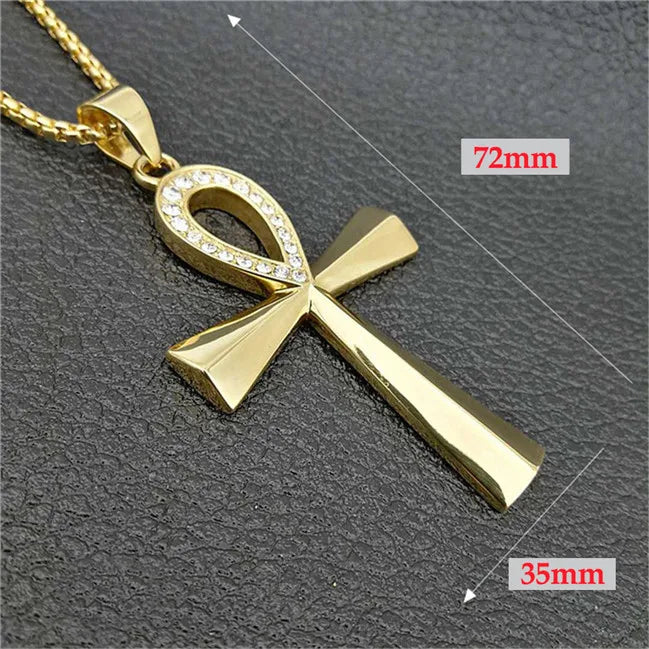 Egypt Iced Out Bling Ankh Cross Pendant Necklace For Women And Men Key of Life Stainless Steel Egyptian Jewelry