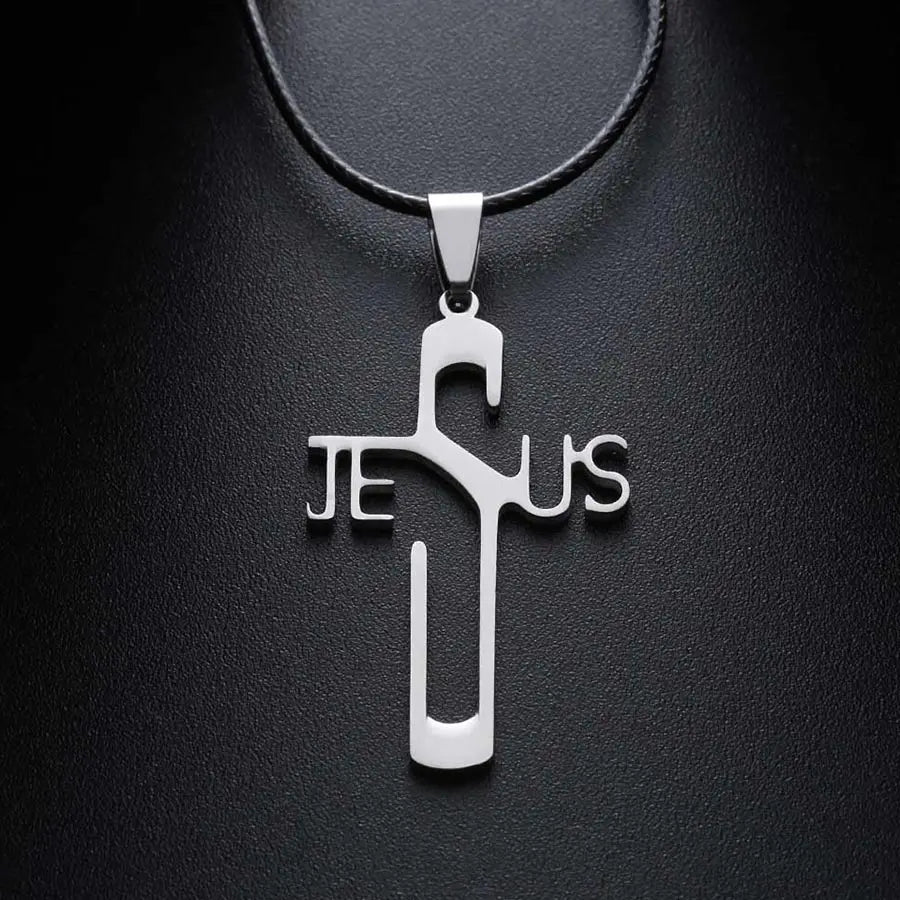 Jesus Cross Pendant Necklace — Rope Chain, Silver-Tone, 45cm