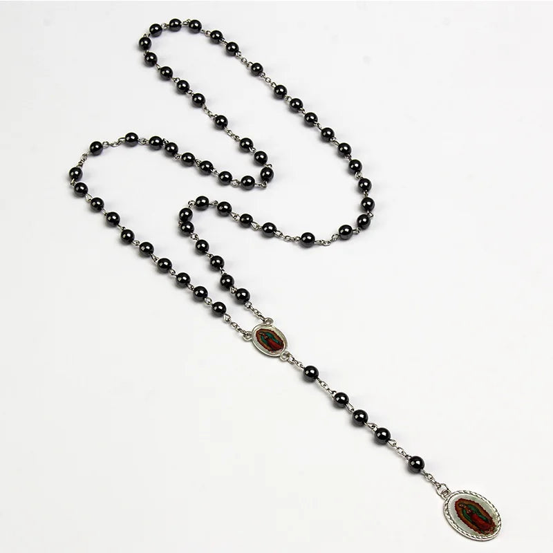6mm Hematite Rosary Long Chain Bead Necklace Male Ms. Prayer Catholic Rosary Jesus Christ Cross Pendant Jewelry