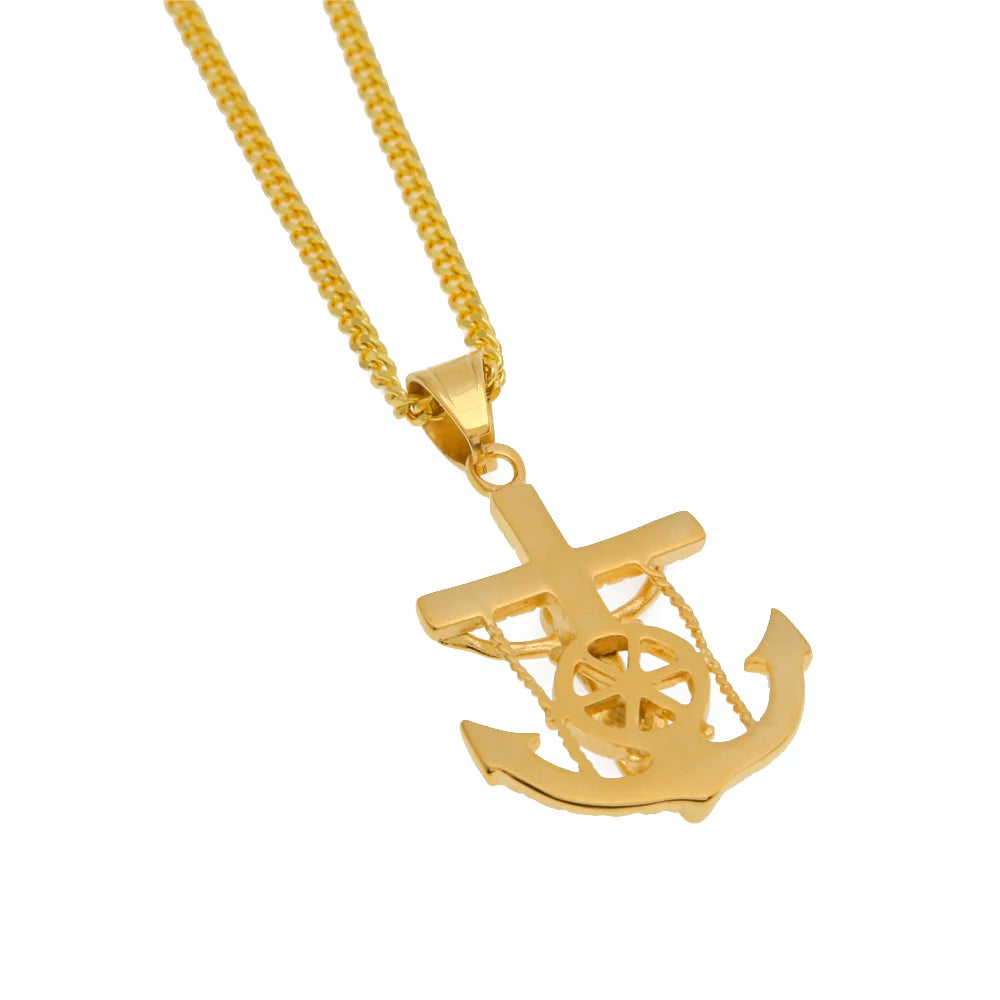 TBTK Punk Crucifix Jesus Cross Navy Rudder Anchor Pendant Necklace Classic Chain Men Stainless Steel Jewelry Wholesale