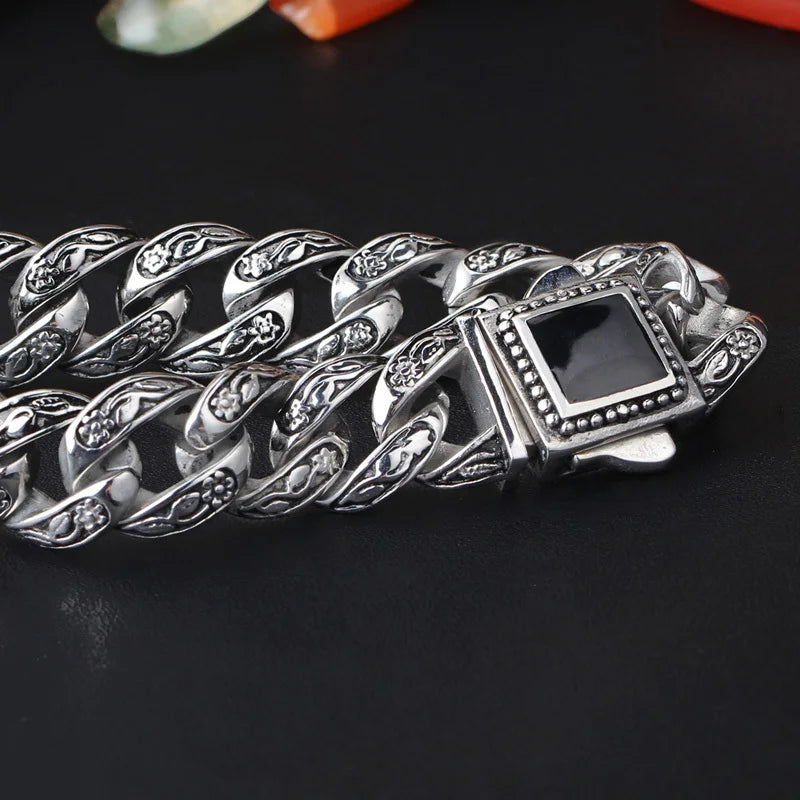 Retro 10 Inches Rose Line Man Bracelet Men Black Onyx Inset Stainless Steel Men's Bracelets Curb Chain Mannen Armband