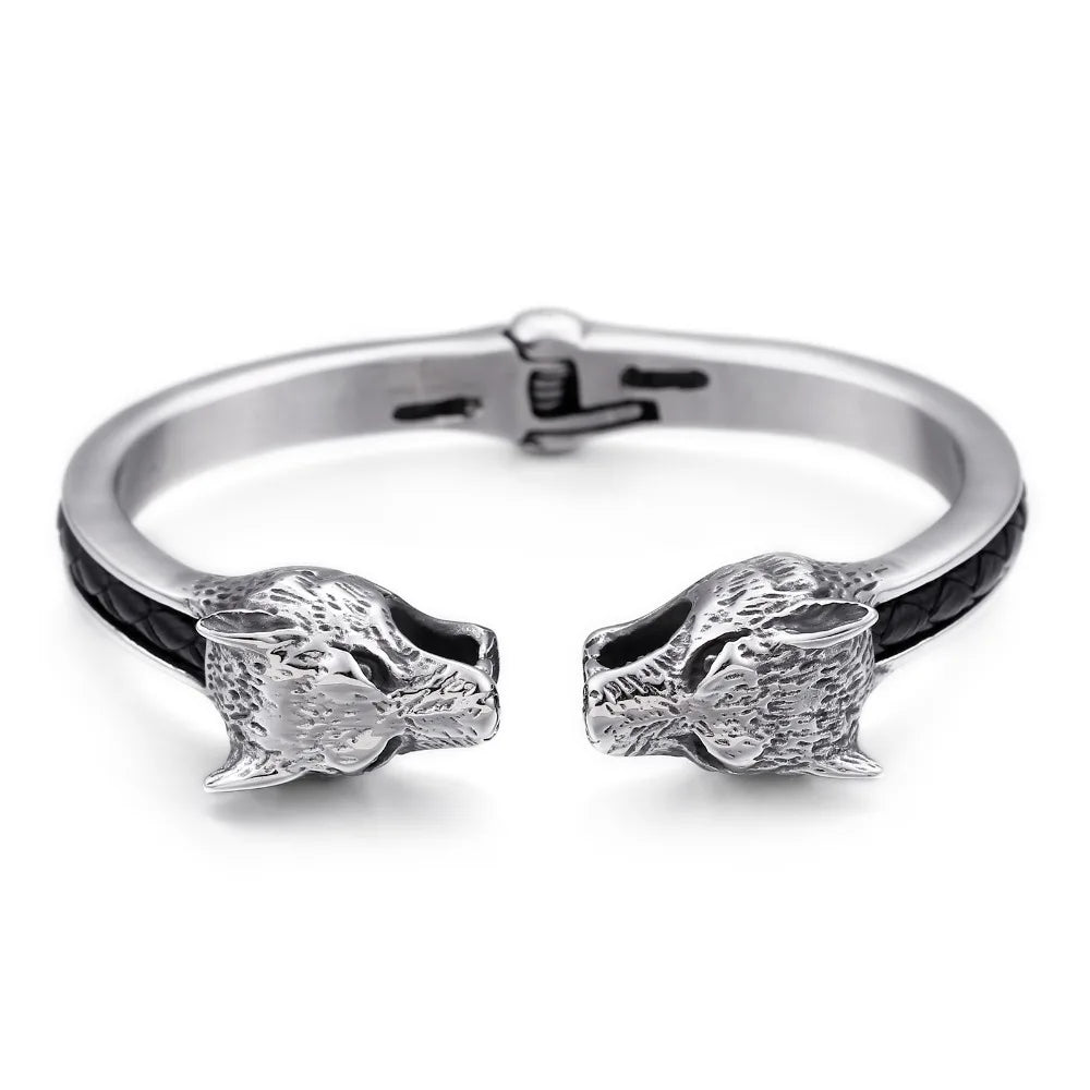Wolf Skull Head Open Bangles for Men Stainless Steel Mens Bracelets Jewellery Friendship Leather Cuff Bracelets For Man