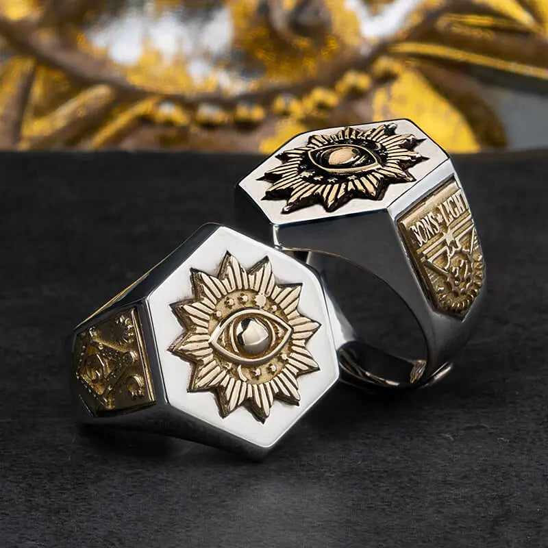 Devil Eyes Hexagon Masonic Ring — Silver-Tone