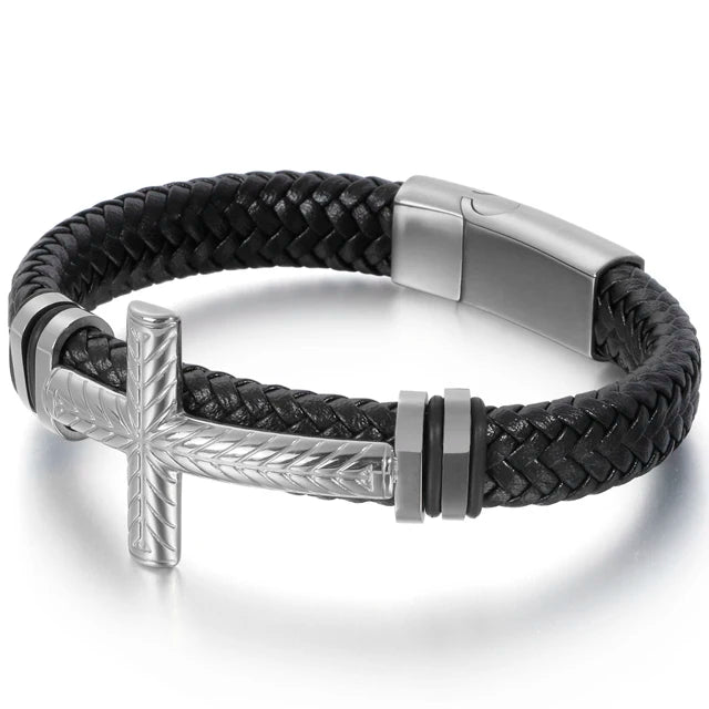 Braided Leather Wrap Bracelet For Man Gold Color Stainless Steel Christian Cross Bracelets & Bangles Men's Religious