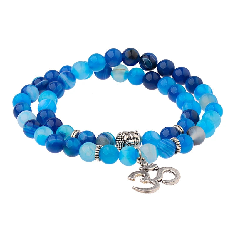 Buddha Head Beaded Bracelet — Black Stone Beads, Bronze-Tone