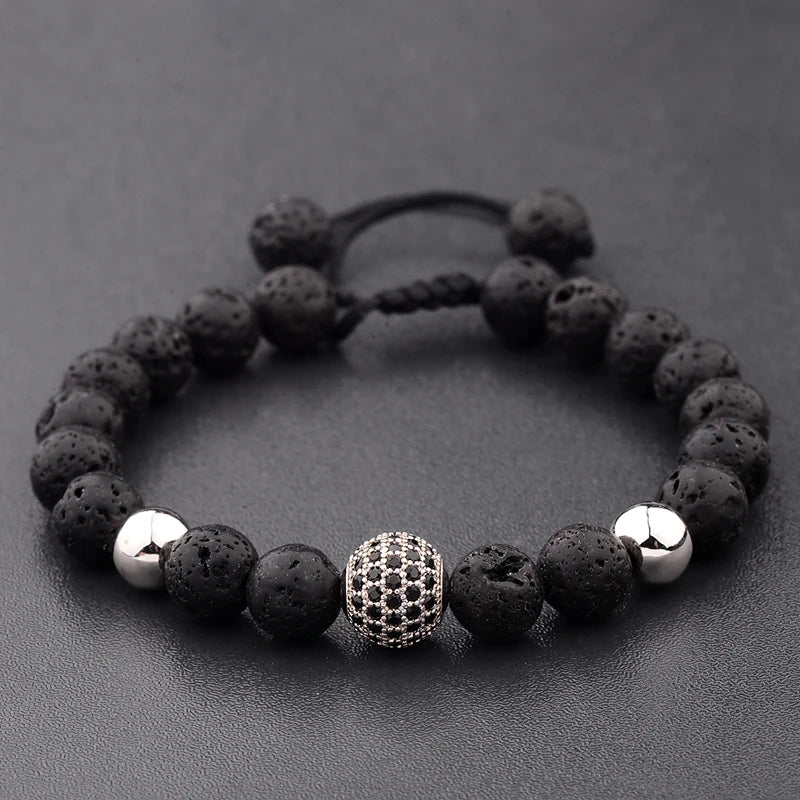 Black CZ Pave Ball Beaded Bracelet for Men — Adjustable Weave