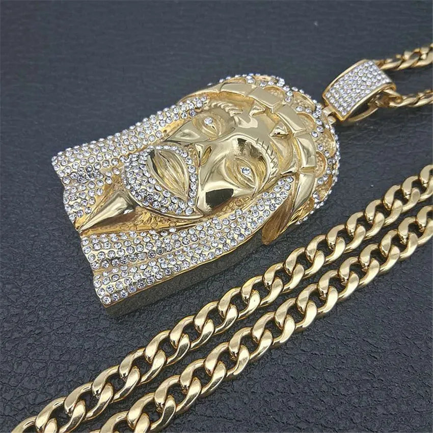 Hip Hop Iced Out Bling Jesus Head Pendant Male Gold Color Stainless Steel Christian Big Necklace for Men Religious