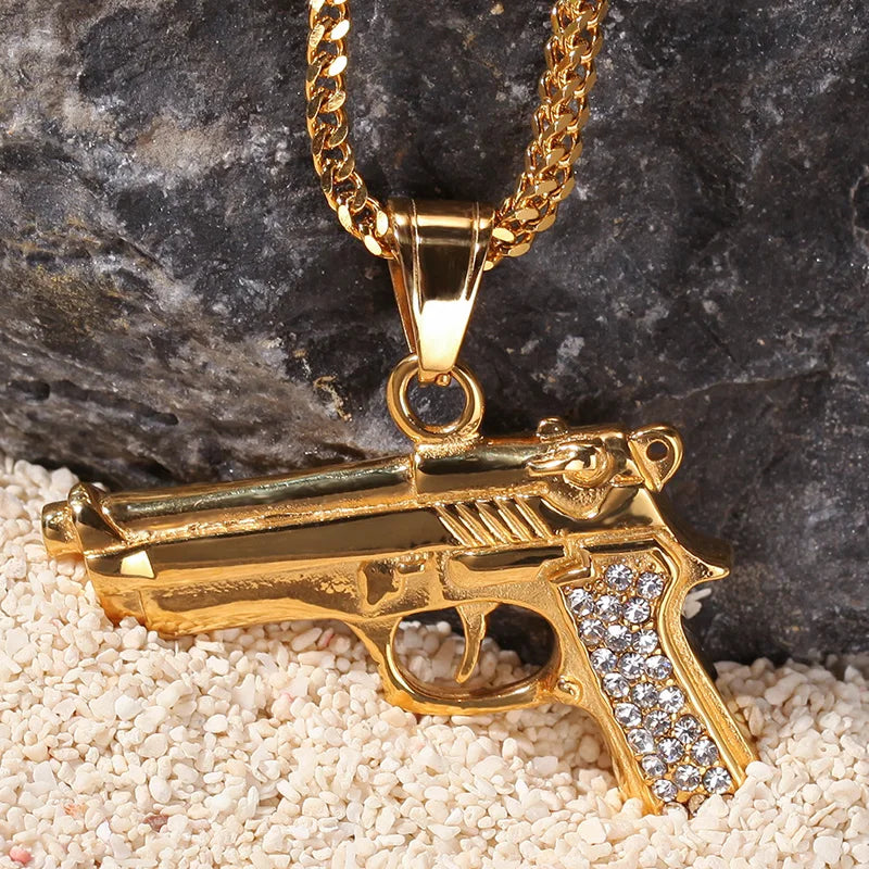 Iced Out Desert Eagle Pistol Pendant Necklace — Stainless Steel
