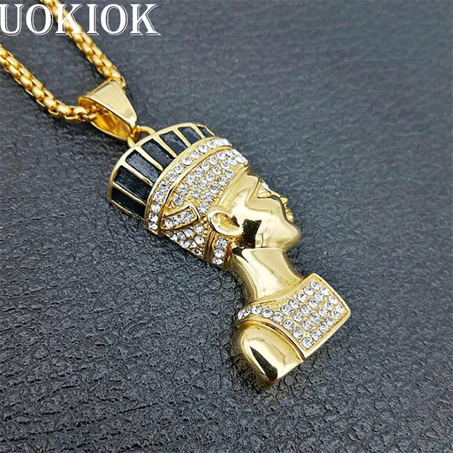 Hip Hop Jewelry Egyptian Nefertiti Queen Portrait Pendant Rhinestone 316L Stainless Steel Necklace Iced Out Chain Mens Gift