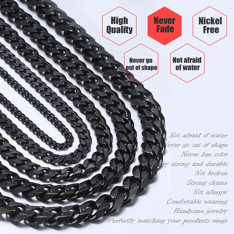 Men's Necklace Stainless Steel Cuban Link Chain Black Gold Color Necklaces For Men 18-36" Hip Hop Jewelry KNM09