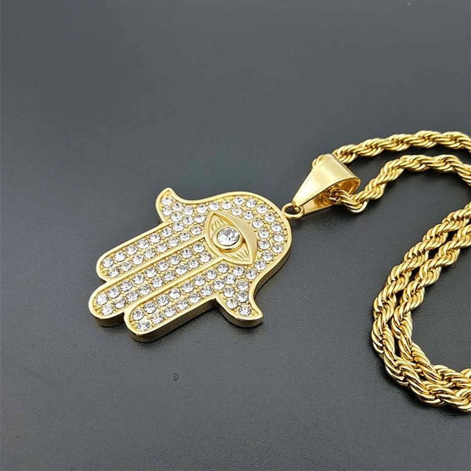 Hamsa Hand of Fatima Necklace Pendant & Chain For Men Women's Gold Color Stainless Steel Palm Necklaces Turkish Jewelry