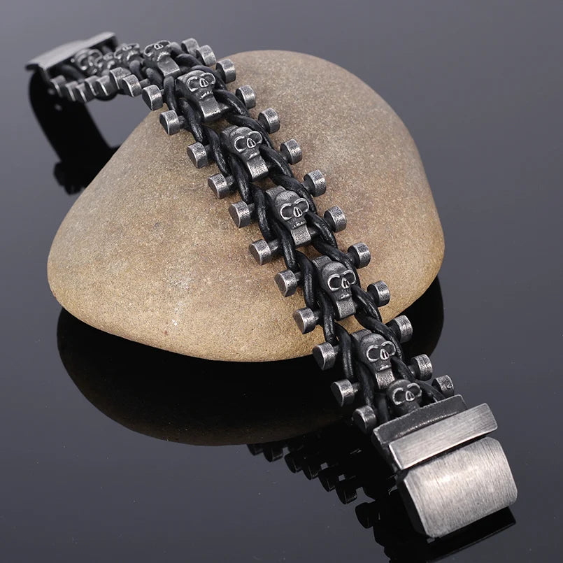 Steampunk Stainless Steel Skull Man Bracelet Hand Bands For Men Punk Rock Men's Leather Bracelets Gothic Mannen Armband