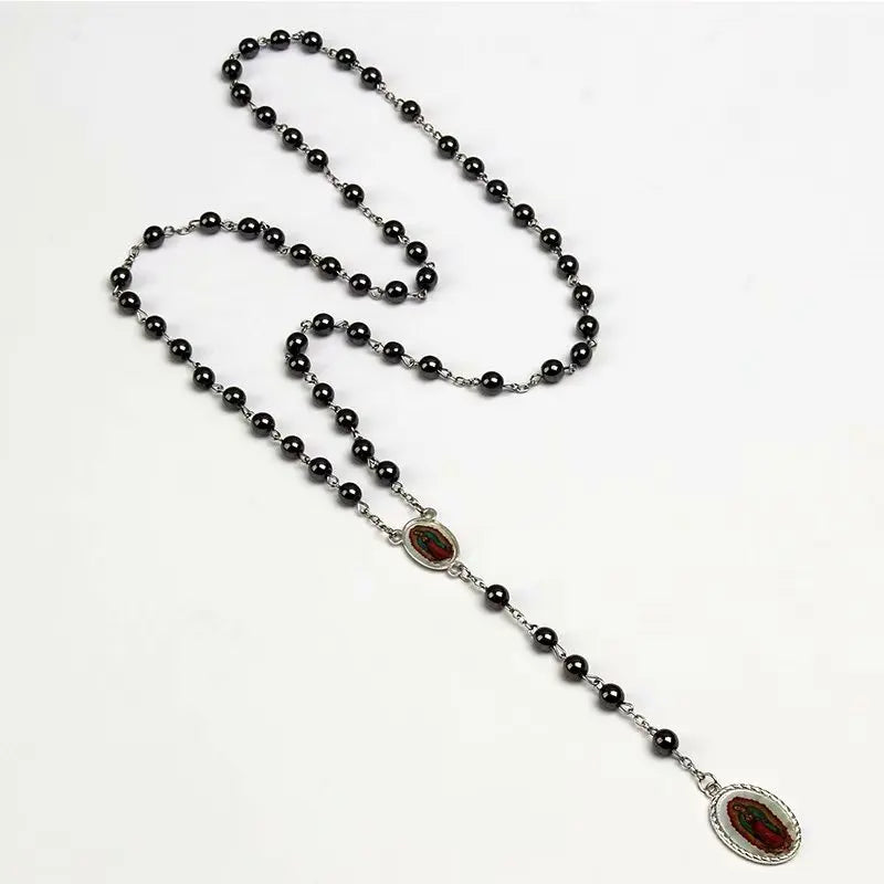 6mm Hematite Rosary Long Chain Bead Necklace Male Ms. Prayer Catholic Rosary Jesus Christ Cross Pendant Jewelry