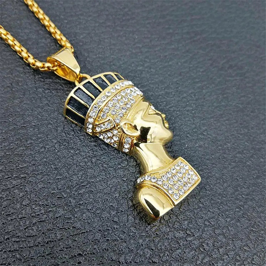 Hip Hop Jewelry Egyptian Nefertiti Queen Portrait Pendant Rhinestone 316L Stainless Steel Necklace Iced Out Chain Mens Gift